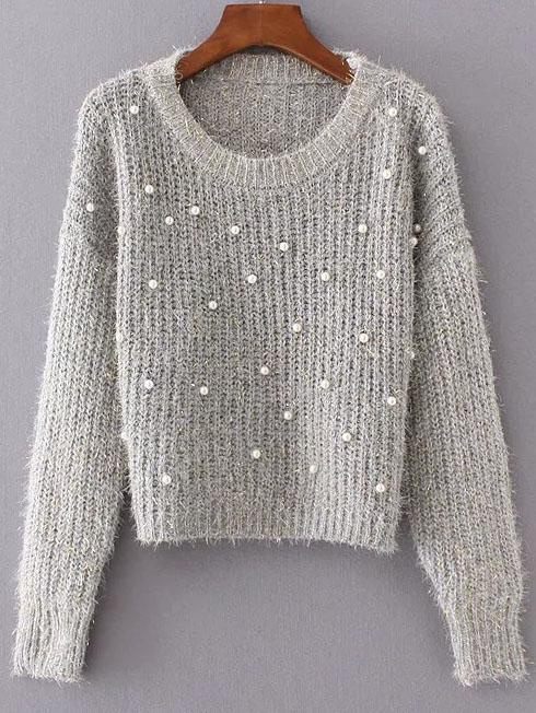 Romwe Pale Grey Round Neck Long Sleeve Beaded Sweater