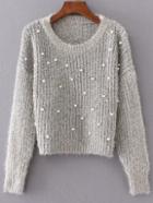 Romwe Pale Grey Round Neck Long Sleeve Beaded Sweater