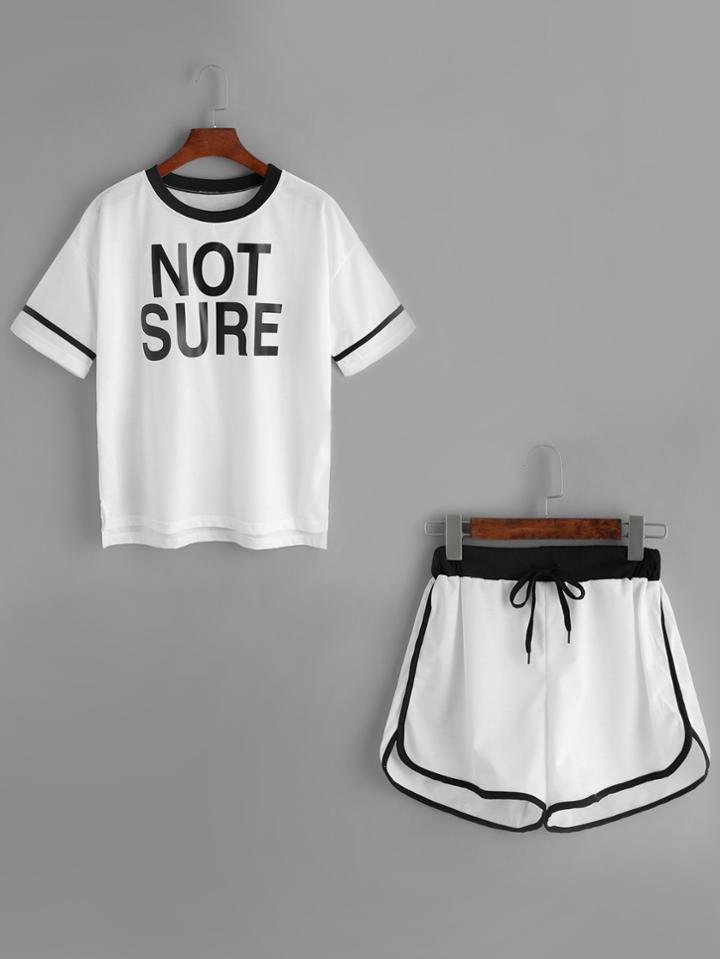 Romwe Contrast Trim Letter Print Top With Drawstring Shorts