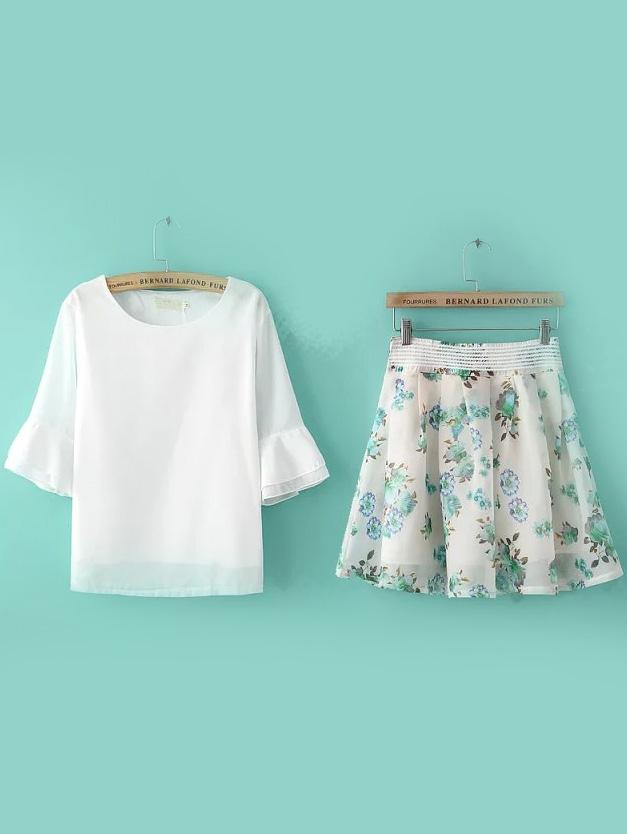 Romwe Ruffle Sleeve Chiffon Top With Green Florals Skirt