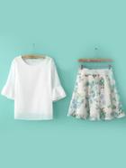 Romwe Ruffle Sleeve Chiffon Top With Green Florals Skirt
