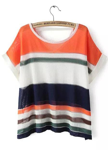Romwe V Neck Striped Orange Sweater