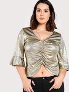 Romwe Metallic Ruched Front Trumpet Sleeve Top