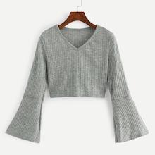 Romwe Flounce Sleeve Solid Crop Top