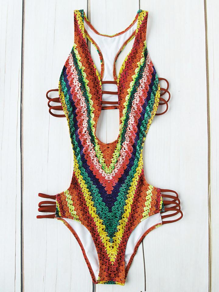 Romwe Color Block Plunge Neck Ladder Cutout Monokini