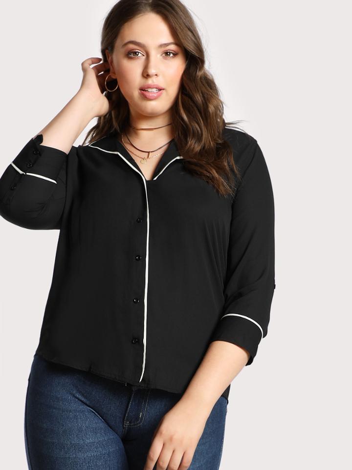 Romwe Contrast Piped Button Down Top