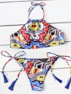 Romwe Mixed Print Tassel Tie Halter Bikini Set
