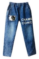 Romwe Letters And Cat Face Embroidered Denim Cropped Pants