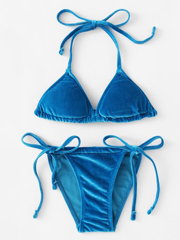 Romwe Side Tie Velvet Bikini Set