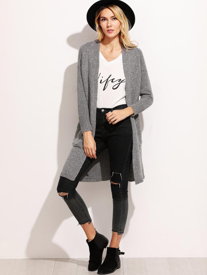 Romwe Heather Grey Raglan Sleeve Long Cardigan