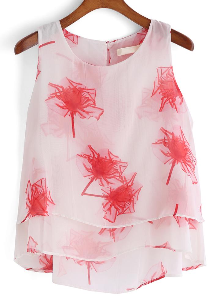 Romwe Flower Print Chiffon Tank Top