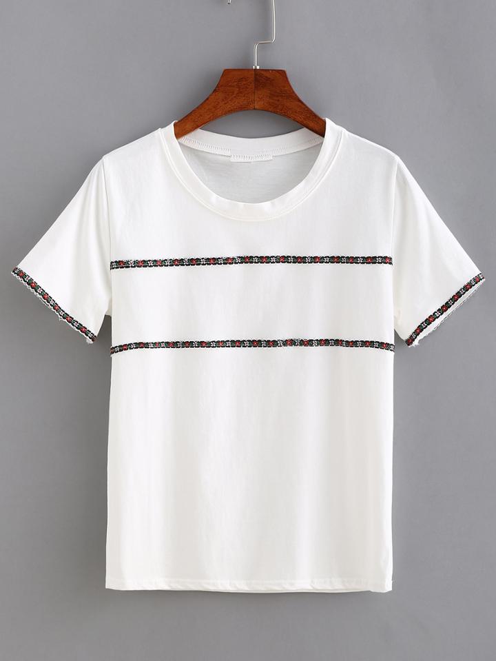 Romwe Embroidered Flower Tape Embellished T-shirt