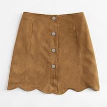Romwe Plus Single Breasted Scallop Hem Suede Skirt