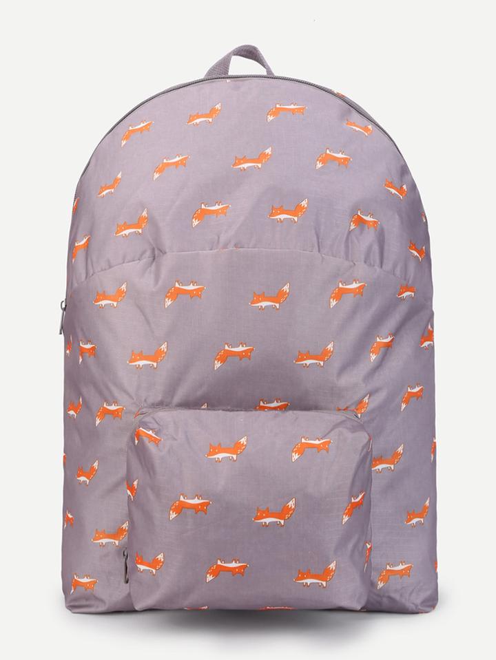 Romwe Fox Print Pocket Front Backpack