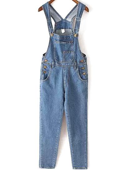 Romwe Strap Buttons Pocket Denim Jumpsuit