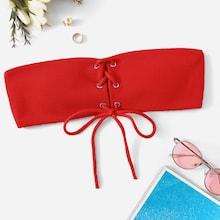 Romwe Ribbed Lace-up Bandeau Swimming Top