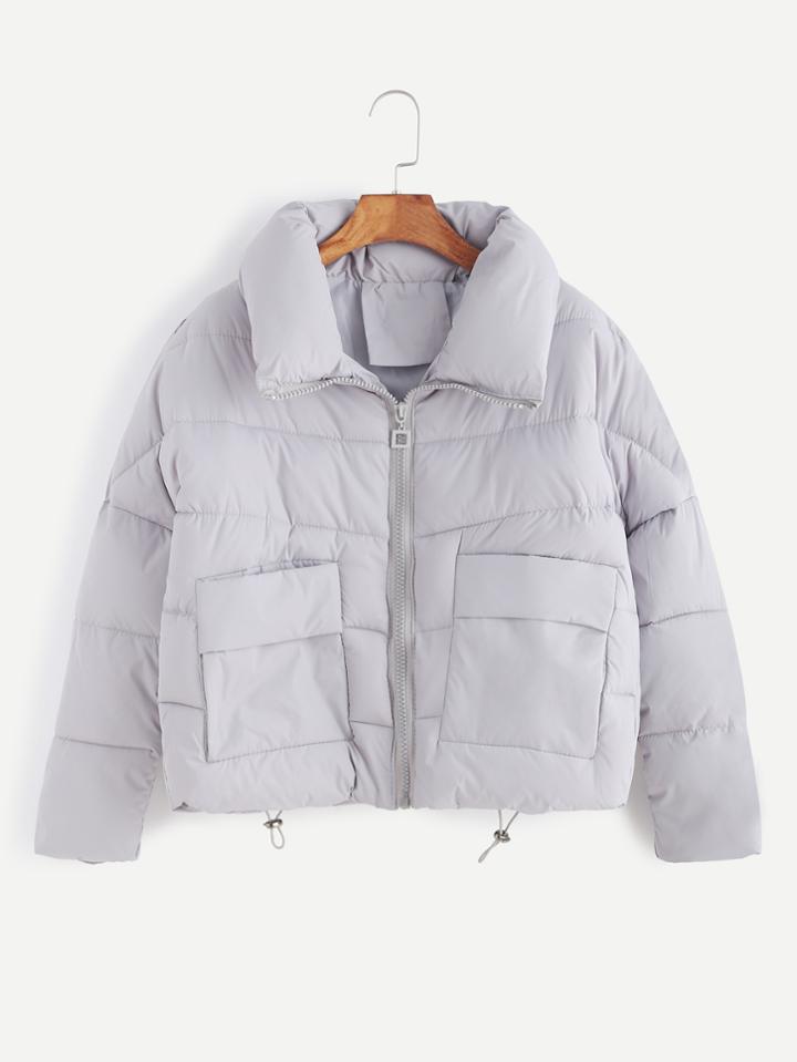 Romwe Light Grey Dropped Shoulder Seam Drawstring Hem Padded Coat