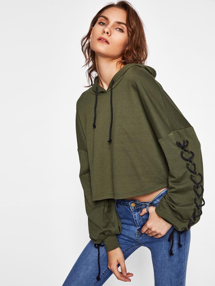 Romwe Lace Up Bishop Sleeve Hoodie