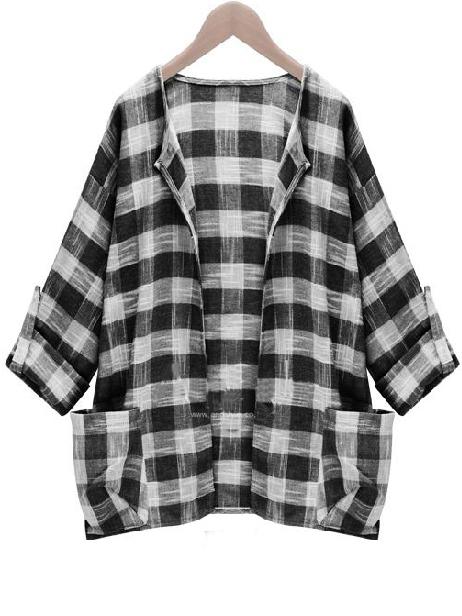 Romwe Black Checkerboard Dual Pocket Front Blouse