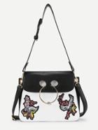 Romwe Cranes Embroidered Two Tone Shoulder Bag