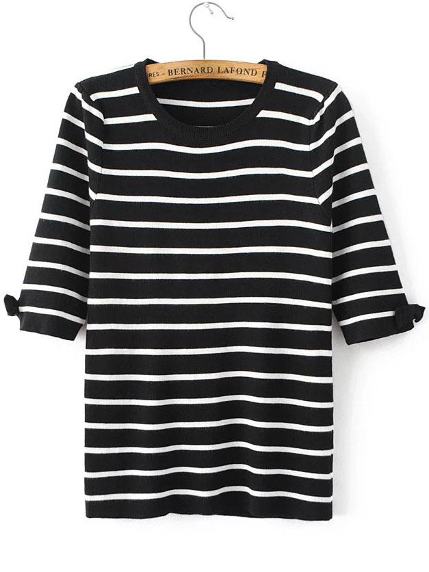 Romwe Black Striped Elbow Sleeve Bow Knitwear