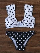 Romwe Black And White Polka Dot Print Bow Bikini Set