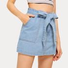 Romwe Belted Pocket Detail Denim Skirt