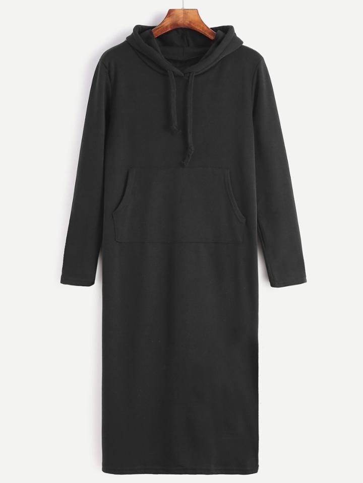Romwe Black Drawstring Hooded Pocket Sweatshirt Dress