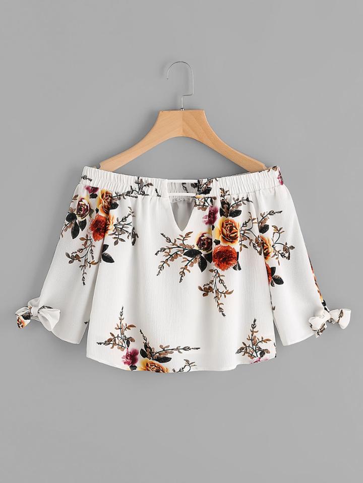 Romwe V Cut Tie Cuff Florals Bardot Top