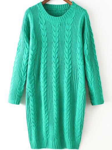 Romwe Round Neck Cable Knit Green Sweater Dress