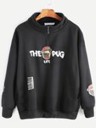 Romwe Black Pug Print Zip Detail Pockets Sweatshirt