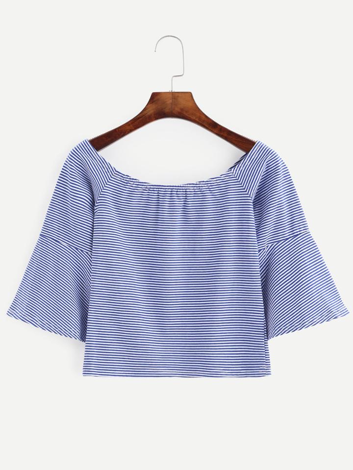 Romwe Blue Dropped Shoulder Striped Crop T-shirt