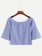 Romwe Blue Dropped Shoulder Striped Crop T-shirt