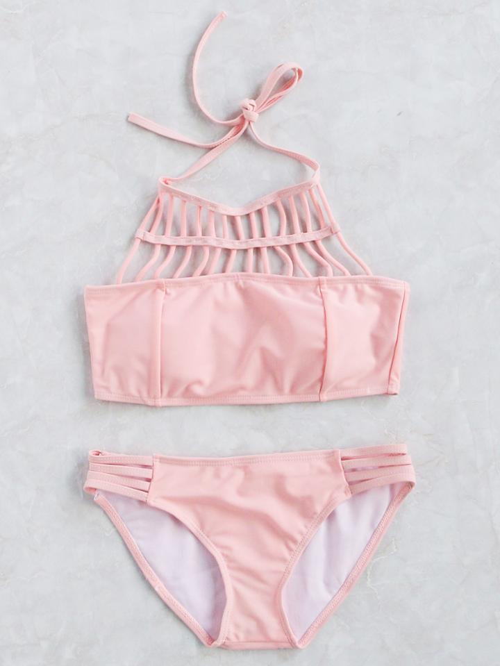 Romwe Pink Strappy Cutout Halter Bikini Set