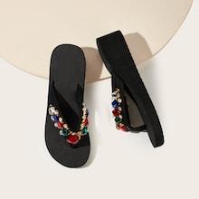 Romwe Jewelled Decor Flip Flops