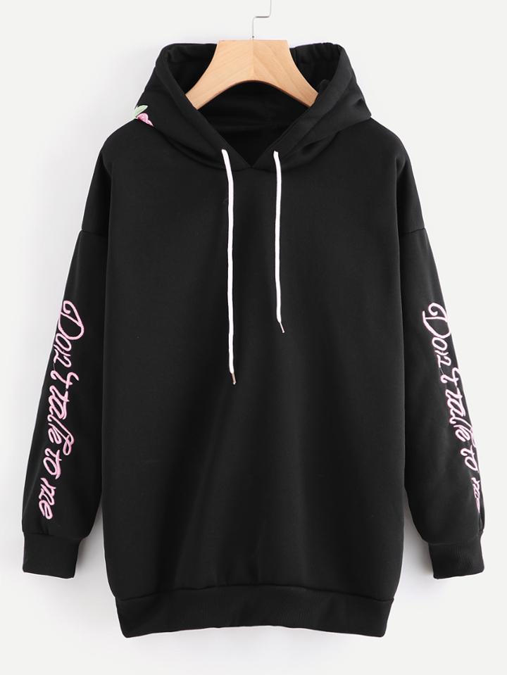 Romwe Drop Shoulder Embroidery Hoodie