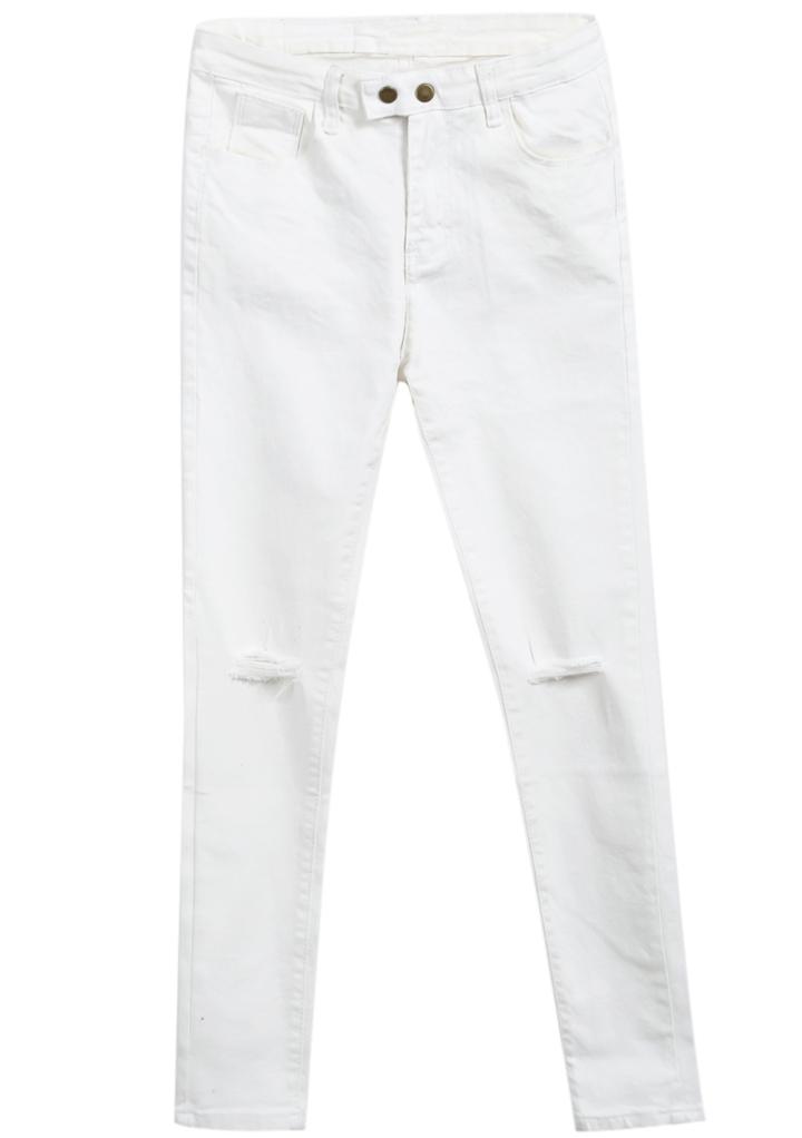 Romwe Ripped Pockets White Denim Pant