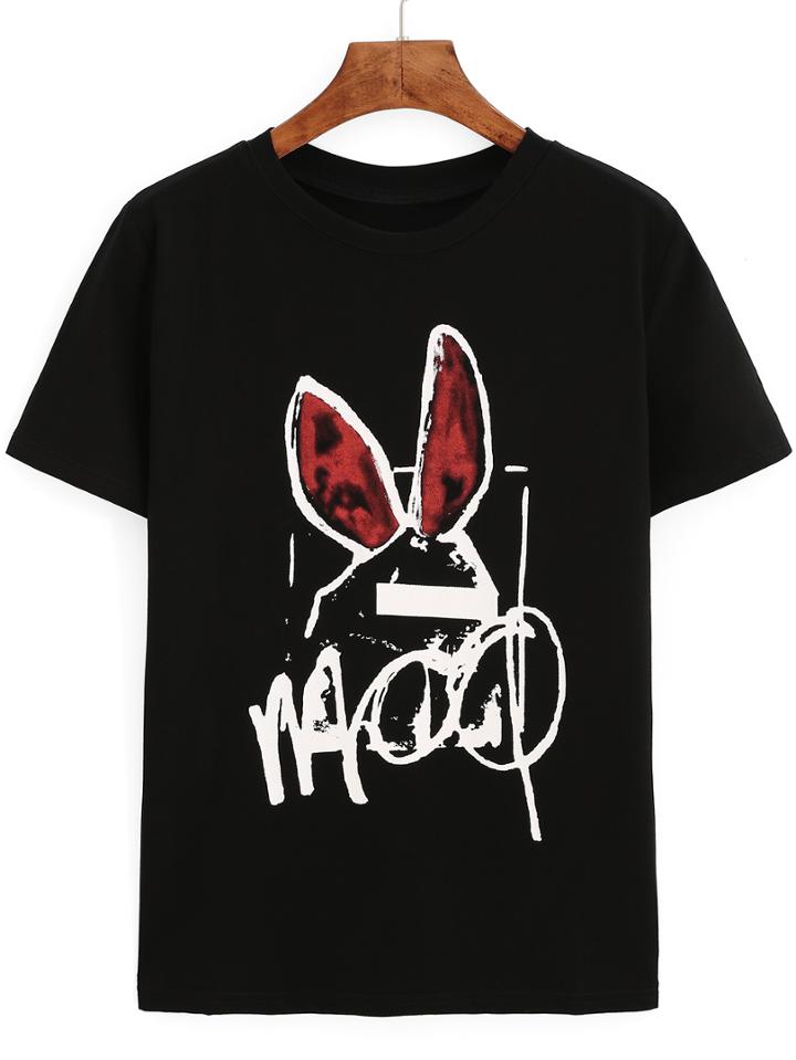 Romwe Rabbit Print Black T-shirt