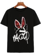 Romwe Rabbit Print Black T-shirt