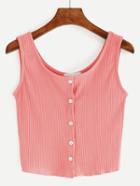 Romwe Pink Buttoned Front Ribbed Knit Crop Tank Top