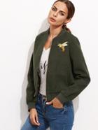 Romwe Army Green Bumblebee Embroidery Zip Up Jacket