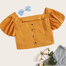 Romwe Button Front Square Neck Crop Blouse