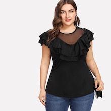Romwe Plus Mesh Panel Tiered Trim Tee