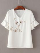 Romwe White V Neck Ruffle Sleeve Embroidery Blouse