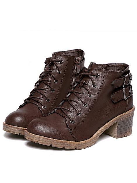 Romwe Brown Lace Up Buckle Strap Pu Boots