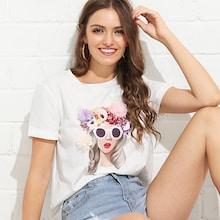Romwe 3d Floral Applique Figure Tee