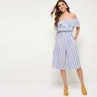 Romwe Off-shoulder Ruffle Trim Stripe Jumpsuit