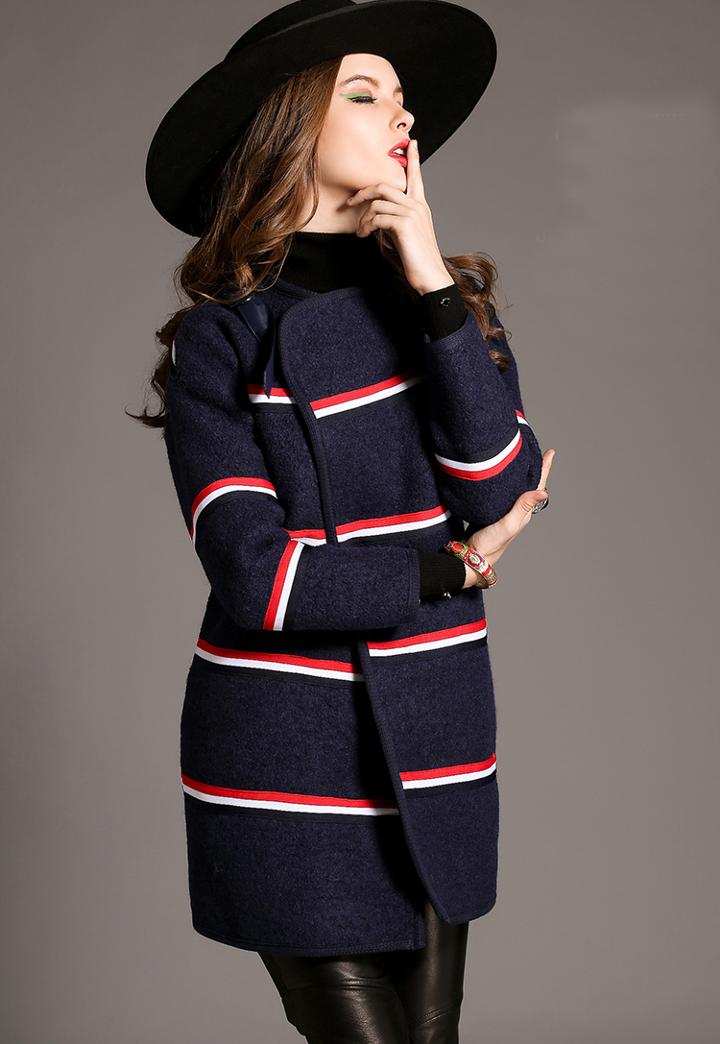 Romwe Navy Long Sleeve Striped Slim Woolen Coat