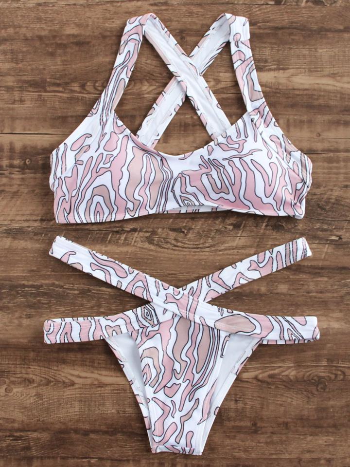 Romwe Pink Printed Cross Back Cutout Bikini Set