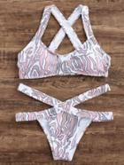 Romwe Pink Printed Cross Back Cutout Bikini Set